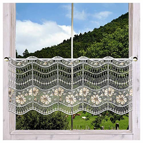 Feenhaus-Scheibengardine Hibiskus weiß-beige Vogtländische Spitze | ausgefallene, kunstvolle Luftspitze mit Natur-Muster im Plissee-Design, Scheibenhänger mit filigranen Linien HxB 35 x 176 cm