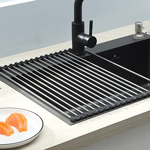Amtang Stainless Steel Rolling Rack for Sink Extra Large Roll Up Dish Drying Shelf Foldable Portable Multipurpose Dish Drainer Sink Mat (18 tube 35 * 43cm)