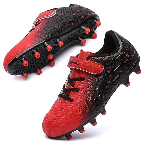 Boys Football Boots Shoes Kids Girls FG/AG Soccer Athletics Training Sport Running Shoes Profession Competition Teenager Indoor Outdoor Cleats Sneakers for Unisex Black Red EU35 Convert 2.5UK