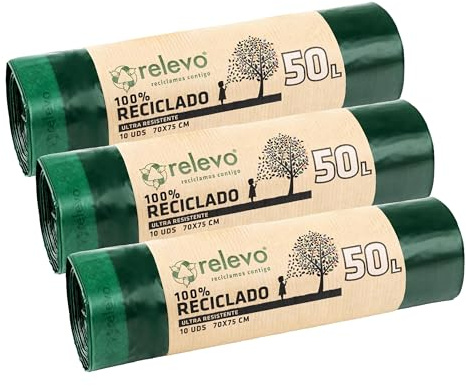 Relevo 100% Recycled Bin Liners, Heavy Duty 50L, 10 Bin Bags (Pack of 3)