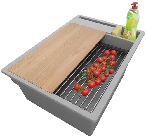 PRIMAGRAN Spülbecken Grau 38x53cm, Granitspüle 1 Becken + Ablauf-Set + Küchenzubehörset, Küchenspüle ab 40er Unterschrank - Oslo Pocket S023