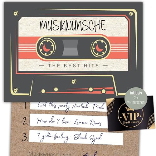 Eummel 50 Musikwunschkarten Retro inkl. VIP Karten Hochzeit Musikwunsch Dj Karten Geburtstag Boho Musikwünsche Musikkarten Partykarten