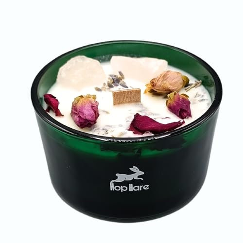 Ancient Wisdom Magische Kerze mit Blumen und Edelsteinen Hop Hare, handgefertigte Sojawachskerze, 8,8 x 5 cm