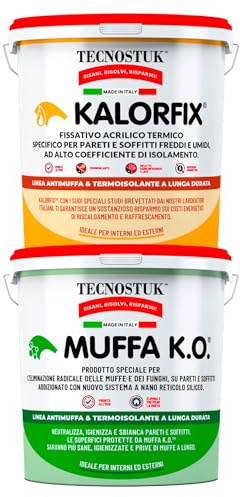 Tecnostuk Muffa K.O. Fondo Antimuffa + Kalorfix Fissativo Isolante Termico | Eurocali Kit per Muri 1L Interni ed Esterni Contro Muffa e Batteri - Made in Italy - Eurocali