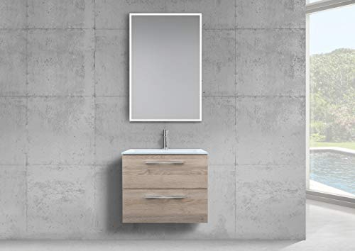 Intarbad ~ Badmöbel 60 cm Glaswaschbecken Optiwhite mit Unterschrank und LED Spiegel Grau Hochglanz Lack IB1953