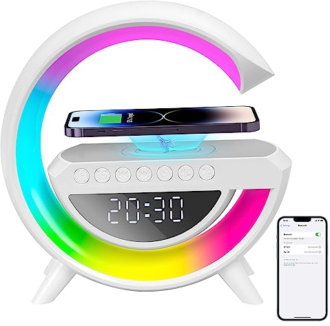 Kihhvlo LED Nachttischlampe Mit Ladefunktion, 3 in 1 15W Kabelloses Laden Tischlampe Bluetooth Lautsprecher AtmosphäRenlampe Mit Musiksynchronisierung Dimmbar Nachtlicht für Schlafzimmer