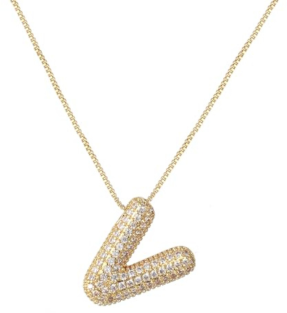 RWQIAN Bubble Buchstaben Kette Silber/Gold Damen Balloon Initialen Haskette Bling Zirkonia Buchstaben Anhänger Bubble Letter A-Z Schmuck Geschenke für Frauen
