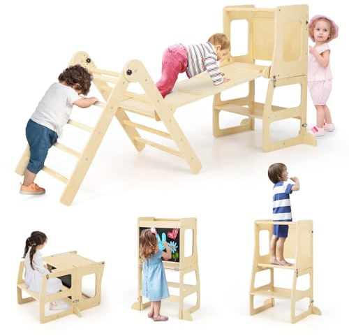 GOPLUS 7 in 1 Kletterdreieck Kinder, Faltbares Kletterset mit doppelseitiger Rampe, wandelbare Tritthilfe & Tafel, Tisch & Stuhl Set, Montessori Gymnastikspielzeug für Kinder 3-14 Jahre alt (Natur)