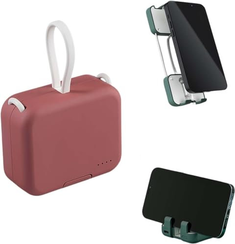 Mini Back Clip Power Bank, Folding Portable Back Clip Power Bank with Phone Holder, Handbag Back Clip Power Bank, Mini Fast Charger,Cute Portable Charger,Power Bank Built In Cable (Red)