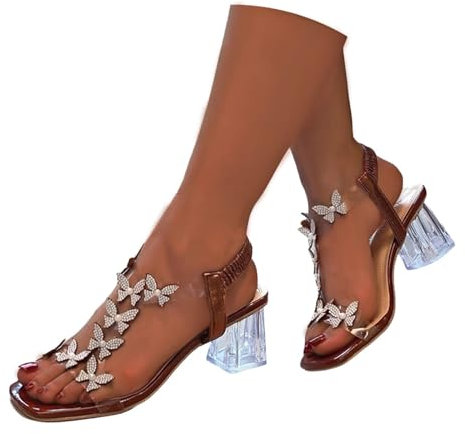 Agiyenna Sandali Classici da Donna Scarpe Basse da Spiaggia Boho Sandali Eleganti Sandali Elastici con Farfalla con Strass con Tacco a Blocchi Punta Aperta Estiva Scarpe Casual per il Tempo Libero