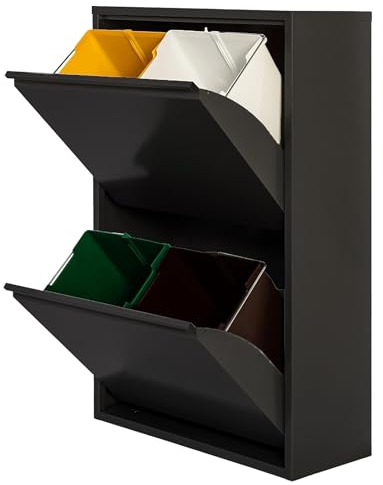 JOBGAR Cubo de basura y reciclaje Metálico de 4 compartimentos, 4x17L (68L) Negro mate PAT 4