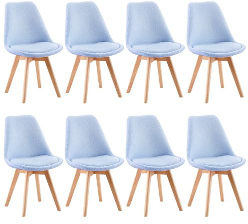 EGGREE 8er Set Esszimmerstühle Zeitgenössisches Design,Gepolsterter Stuhl aus Schafwolle, Küchenstuhl Essstühle mit Massivholz Buche Bein SGS Geprüfter,Blau