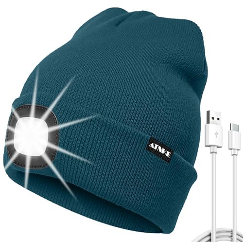 ATNKE LED Mütze mit Licht, USB Typ C Wiederaufladbare 4 LED Beleuchtete Laufmütze Extrem Heller Lampe Winter Warme Stricken Mütze für Herren und Damen Geschenke/Olive Green