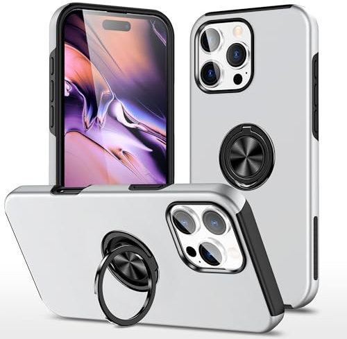 EYZUTAK Case for iPhone 16 Pro, 360 Degree Rotation Magnetic Metal Finger Ring Holder Magnet Car Holder Inner Silicone with Camera Protection Glossy Anti-drop Hard Cover - Silver
