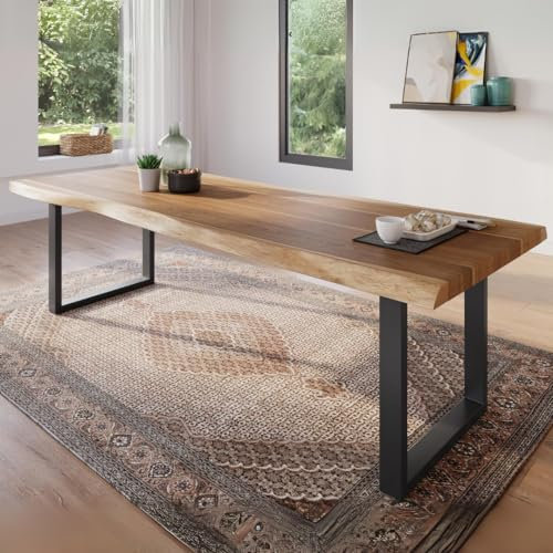 trelevo Esszimmertisch 280x100 cm, Akazienholz massiv, Tischplatte naturfarben, echte Baumkante, U-Gestell schwarz, Baumkantentisch
