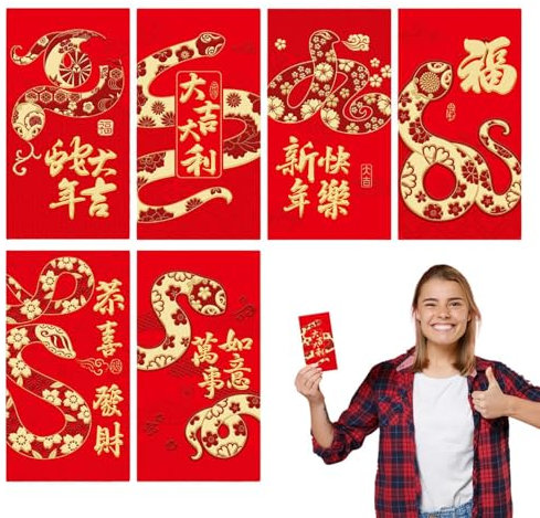 Enveloppes rouges serpent, paquet rouge du Nouvel An 2025 | Enveloppes rouges chinoises mignonnes, feuille d'or serpent,6X grande enveloppe rouge de la fête du printemps Hong Bao pour les réunions de