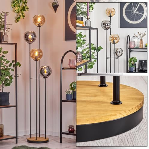 HOFSTEIN Koyoto Lampadaire en métal/bois/verre en noir/marron foncé/ambre/chrome/fumée, lampe au design vintage (abat-jour Ø 15 cm), interrupteur à pied, 147 cm, E14, salon, chambre à coucher