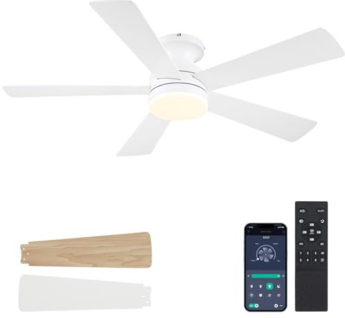 Shanggu Ventilador de Techo Blanco con Luces,Ventilador de Techo de Bajo Perfil de 116cm con Luz y 5 Palas de Doble Cara, de Moderno para Patios Interiores/Exteriores