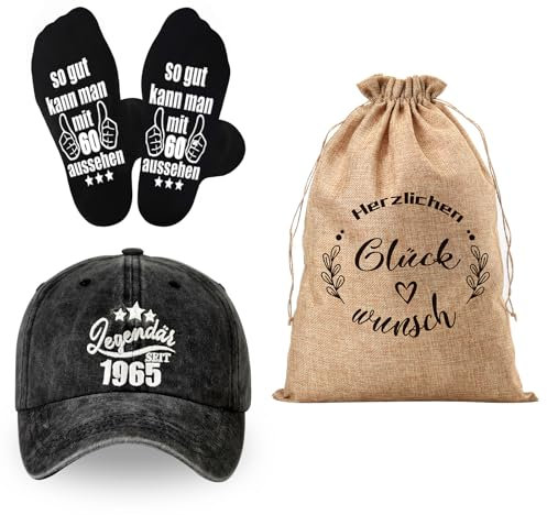 Geschenke zum 60. Geburtstag für Männer, 1965 Jahre Basecap Herren, Socken, Geschenkbeutel, Geschenk für Ehemann Opa Papa, Ruhestand Geschenk Vatertagsgeschenk Angler Geschenk Geburtstagsgeschenk