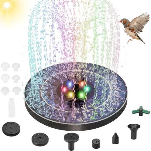Fontaine Solaire, Solaire Flottant Extérieur Fontaine, 3,5W Pompe Bassin Solaire avec 11 Buses, Batterie 1500mAh, 6 Lumières LED Colorées, pour Bain d'oiseaux, Étang, Piscine, Jardin Fontaine