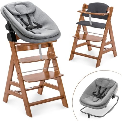hauck Hochstuhl Alpha+ Newborn Set 3in1 Highchair Bouncer - mitwachsender Holz Babyhochstuhl ab Geburt, inkl. Neugeborenenaufsatz & Sitzpolster - Walnuss