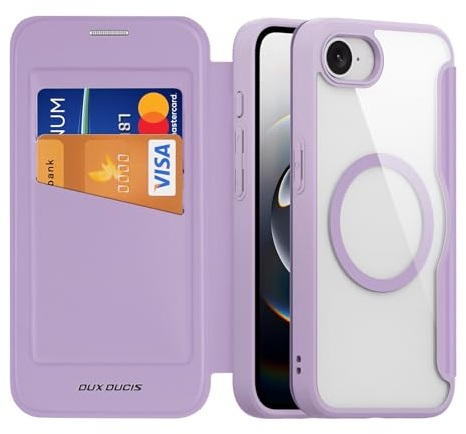DUX DUCIS Magnetisch Hülle für iPhone 16e, [Kompatibel mit MagSafe] Premium Flip Leder Klar Stoßfest Schutzhülle Handyhülle mit RFID Blocker für Apple iPhone 16e 2025 Klapphülle (Lila Rosa)