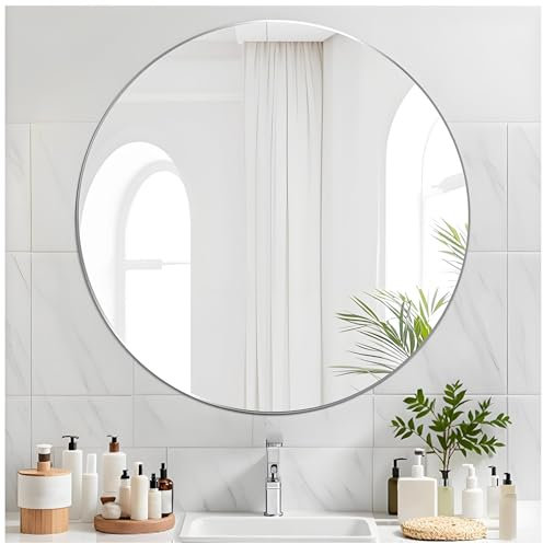 JMITHA Spiegel Rund 50cm Runder Spiegel Rahmenloser Badezimmerspiegel Glas HD Wandspiegel Rund Moderner Hängespiegel für Badezimmer Flur Schlafzimmer