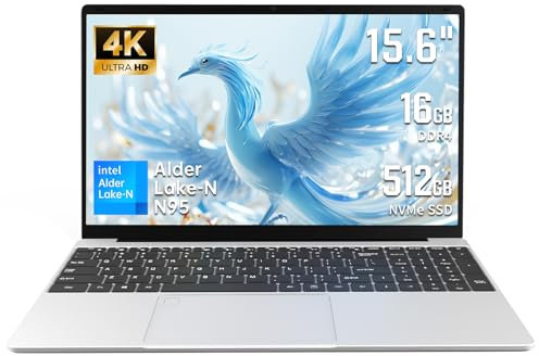 UDKED 15.6 inch Laptop, Celeron N95, 16GB DDR4, 4K UHD IPS, Fingerprint Unlock, Backlit Keyboard, Windows 11, Lightweight Portable Notebook for Study, Work, Office (Silver, 16+512G)