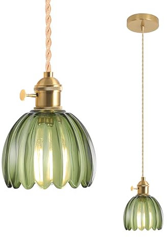 LFsem Lámpara Colgante de Techo Vintage con Flor de Cristal, Latón E27 con Interruptor, Cable Ajustable de 150cm, Luz Colgante para Cocina Dormitorio Sala Comedor (Verde)