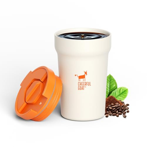 CHEERFUL GOAT Tasse à café isotherme – Gobelet à café de voyage en acier inoxydable avec doublure en céramique, tasse à café de 355 ml pour eau chaude et froide, café à la maison, au bureau ou en