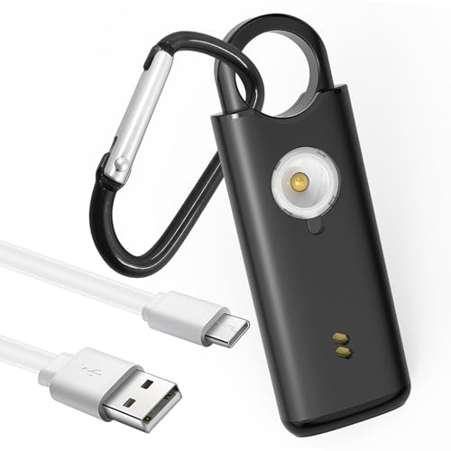 Qoosea Sicherheitsalarm Wiederaufladbar mit Karabiner - 135dB, Vibrationssensor, Stroboskop & Notfallknopf für Geschäftsreisende, Backpacker, Frauen, Männer(Schwarz)
