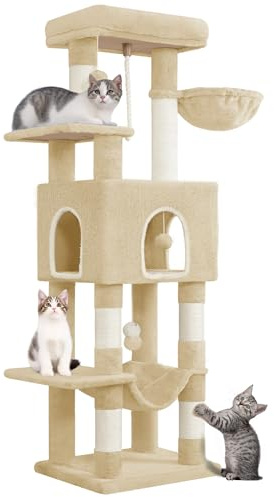 Hzuaneri Arbre à Chat Hauteur 149 cm, Tour de Jeux pour Chats, Beige | Griffoir avec Grandes Plateformes, 5 Poteaux à Griffer, 3 Pompons, 1 Hamac, 1 Niche, Multi-Niveaux, MS14918YL