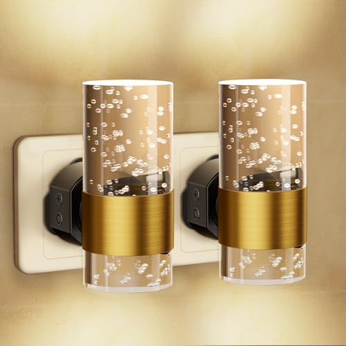 Draome Night Light Plug in Wall with Dusk to Dawn Sensor Modern 2 Pack Gold | Adjustable 3 Colour Temperature (3000K/4500K/6000K) and Brightness (0-100LM), Plug in Night Light for Hallway Bedroom Stairs