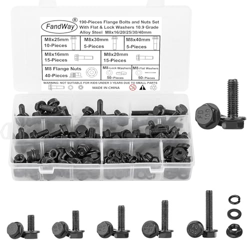 FandWay 190 Pièces Boulons À Bride Hexagonale M8 Grade 10.9 En Acier Allié Noir Avec Écrous Et Rondelles, Filetage Complet Pas De Filetage 1.25 mm