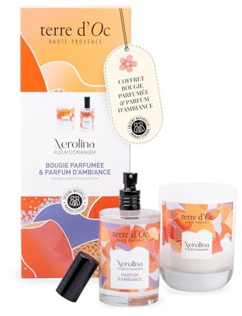 Terre d'Oc - Coffret Parfumé Fleur d'Oranger - Bougie & Parfum d'Ambiance | Fleurs Blanches, Musc & Cèdre Blanc - Bougie 180g + Parfum d'Ambiance 100ml - Cire Végétale - Idée Cadeau - Fragrance Florale