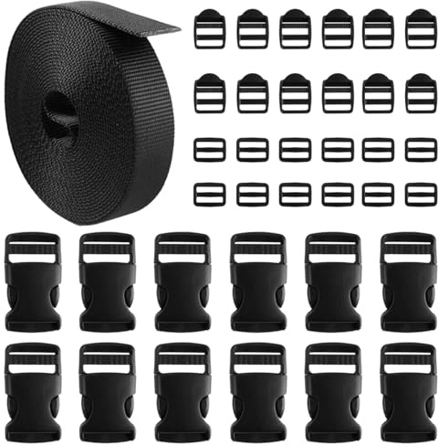 Schnallen Gurtband Set,für Rucksack Gepäckgurten Tasche Befestigung Gurt | Nylon Gurtband mit 12 Paare Schnallen und Verschlüsse, 12m Schwarz Nylon Gurtband 25mm mit Verstellbare Schnallens