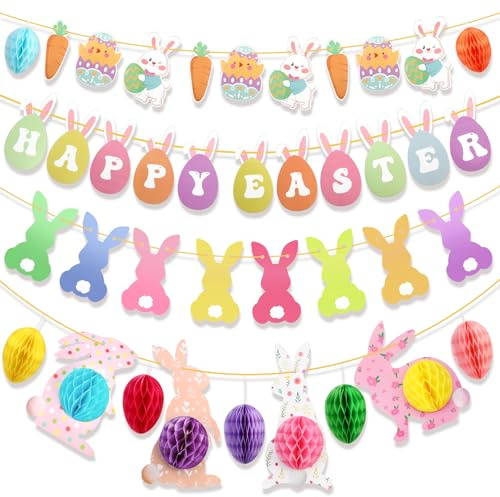 HOWAF Wiederverwendbare Osterdeko, Hasen Girlande Kaninchen Banner Frohe Ostern Girlande Ostergirlande Ostereier aus Seidenpapier zum Aufhängen Papier Osterhasen Deko für Frühlingdeko Ostern Deko