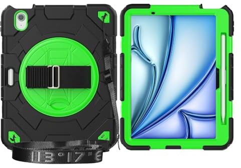 Tablethülle Apple iPad Air 11 2026/2025 / 2024 Hybrid 360 Grad Schultergurt Schwarz/Grün
