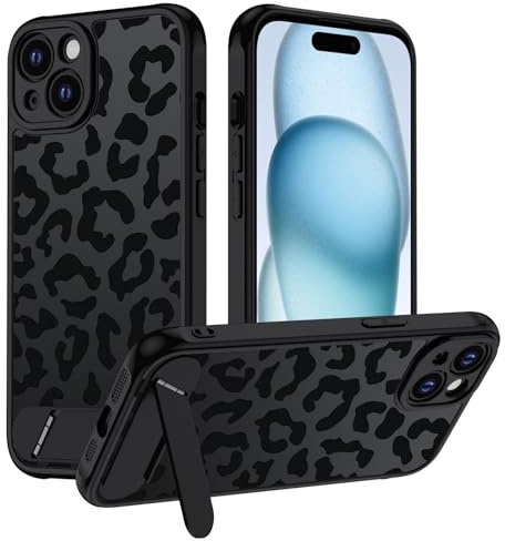 XTCASE Handyhülle für iPhone 15 Hülle mit Ständer, Aesthetic Leopard Muster Frauen Mädchen Case Matt Transluzente Schutzhülle Kratzfeste PC Rückseite + TPU Bumper - Schwarz