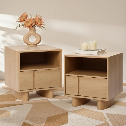Hometopia 2er Set Nachttisch Holz mit Schublade & offenem Fach, Moderner Nachtschrank mit ovaler Basis, Nightstand & Beistelltisch für Schlafzimmer, 48 × 39 × 51 cm