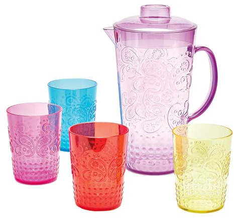 Eldo® Karaffe mit Decke und 4 Trinkbechern- bruchsicher & stapelbar – ideal für Gartenparty, Camping & Strand – Fassungsvermögen Kanne: 2 Liter; Becher: 460 ml - Kunststoff mit Kristall-Relief