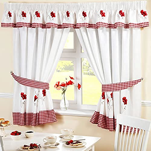 Homespace Direct Bestickte Blumen Gingham Kariert Mohn Bleistiftfalten Küche Vorhänge und Raffhalter, rot, Textil, rot, 46 x 48-Inch