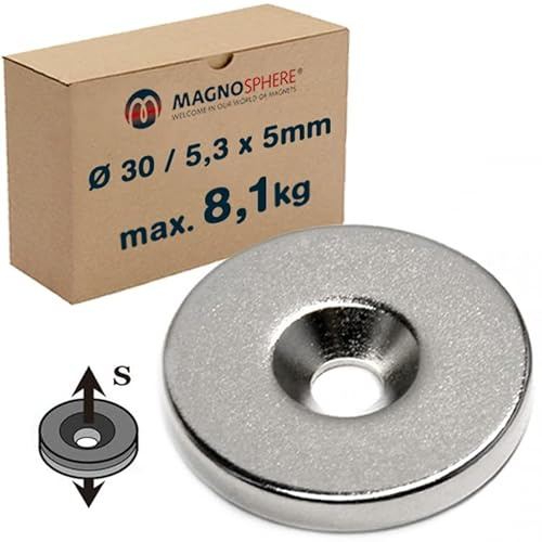 Ringmagnet mit Senkung Ø 30 x Ø 5,3 x 5mm - Neodym N35 - Süd - Haftkraft 8,1 kg - starke Scheiben-Magnete mit Bohrung und Senkung (Senkbohrung) für Industrie und Zuhause