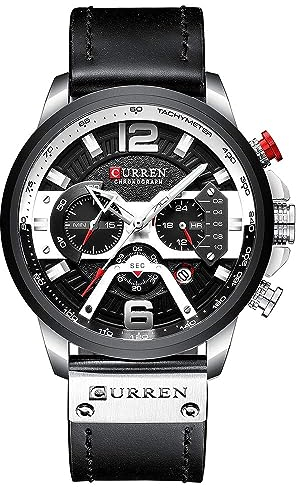 CURREN Orologi da uomo, orologi al quarzo analogico calendario orologio da polso per uomo, orologio impermeabile alla moda con cinturino in pelle, Argento, Cronografo, movimento al quarzo