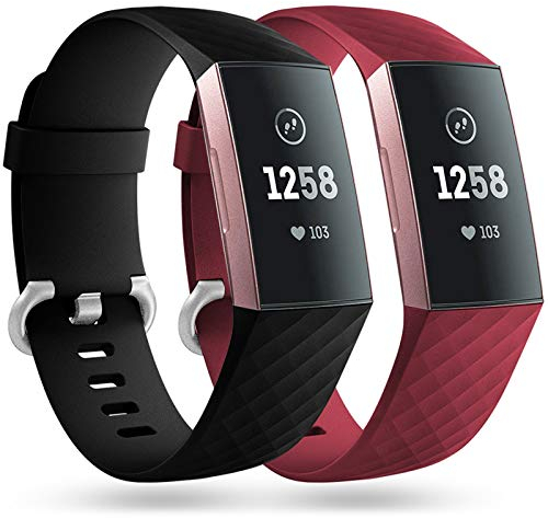 Faliogo 2 Stück Ersatzriemen Kompatibel mit Fitbit Charge 3 Armband/Fitbit Charge 4 Armband, Weiches Sports Uhrenarmband Armbänder für Damen Männer, Klein, Schwarz/Rot