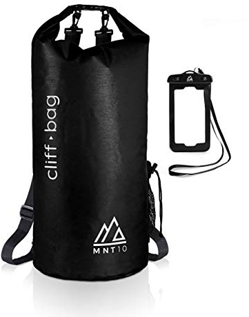 MNT10 Dry Bag “Cliff-Bag” in 20L, 30L, 40L I Drybag Rucksack für SUP, Kanu, Kajak I Wasserdichter Packsack mit Schultergurte I Seesack wasserdicht I GRATIS wasserdichte Handyhülle (Schwarz, 30L)