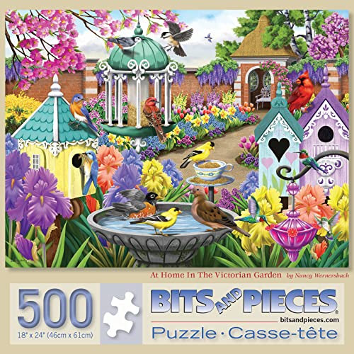 Bits and Pieces - 500 Piece Jigsaw Puzzle for Adults 46cm x 61cm - At Home in the Victorian Garden - 500 pc Garden Bird Feeder Jigsaw by Artist Nancy Wernersbach