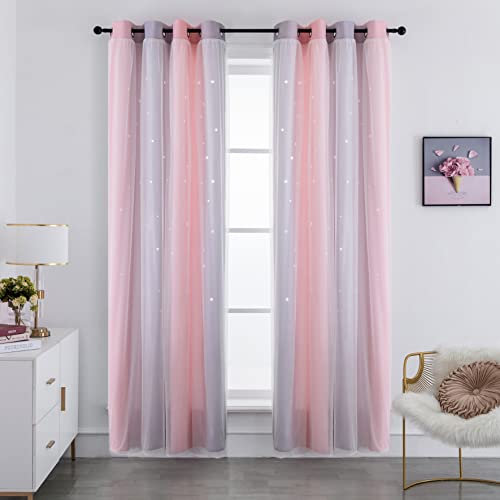 GIRASOLE HOME® Coppia Tende Doppio Velo Oscuranti Morbide Fantasia Stelle Vuote Tenda Isolante per Camera e Cameretta Bambini 2 Pannelli con Occhielli (140x235cm, Rosa e Violetto)