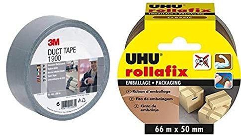 3M 1900SI50 Ruban Adhésif Toilé 50 mm x 50 m, Argent & UHU Rollafix - Ruban adhésif d'emballage brun, 66m x 50mm