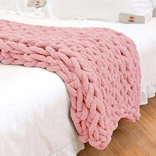 PRELGOSP Plaid Grosse Maille en Chenille, Tricoté Main, Chaude pour Dormir ou Décorer la Maison, Rose, 150x200cm